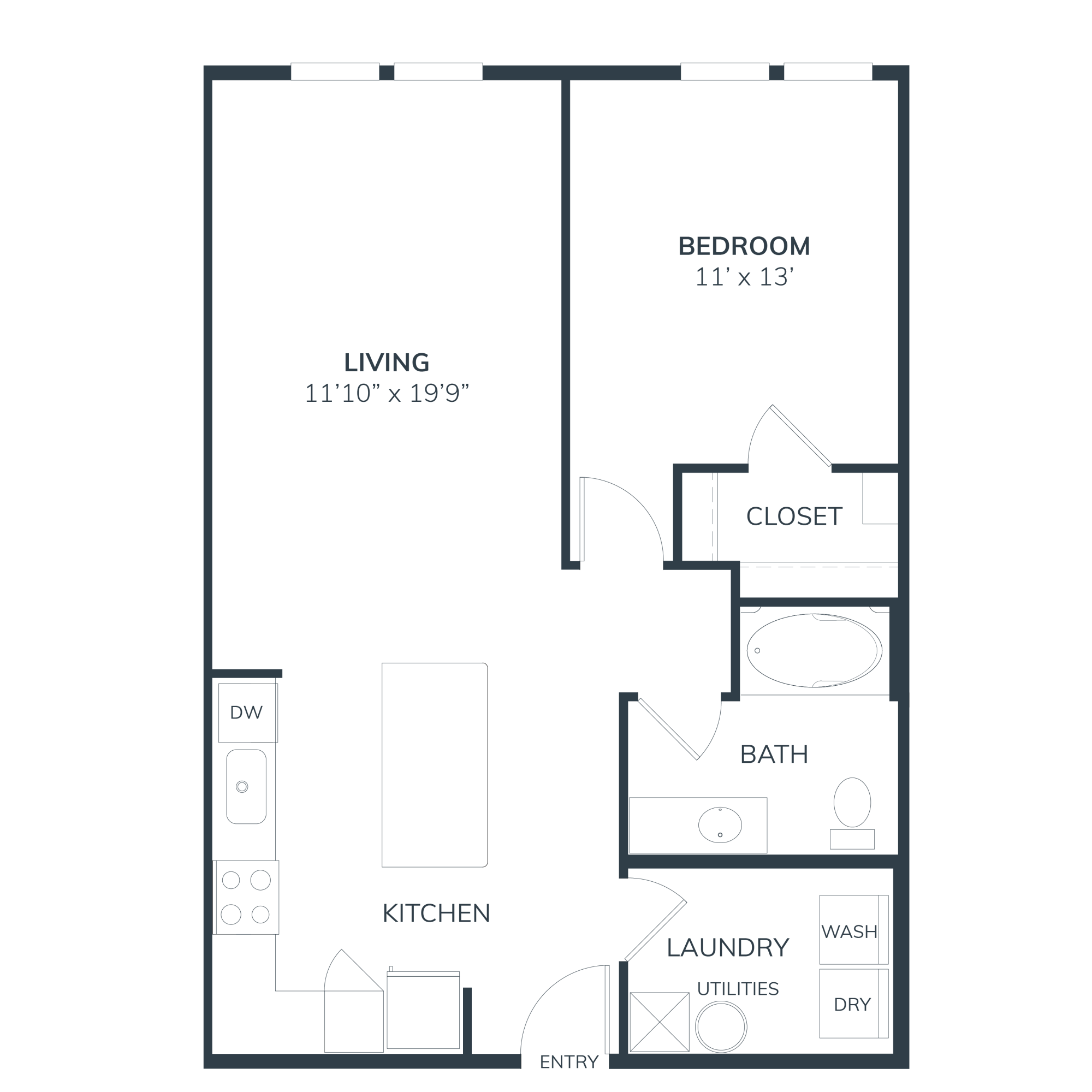 A 3D image of the A2 floorplan, a 816 squarefoot, 1 bed / 1 bath unit