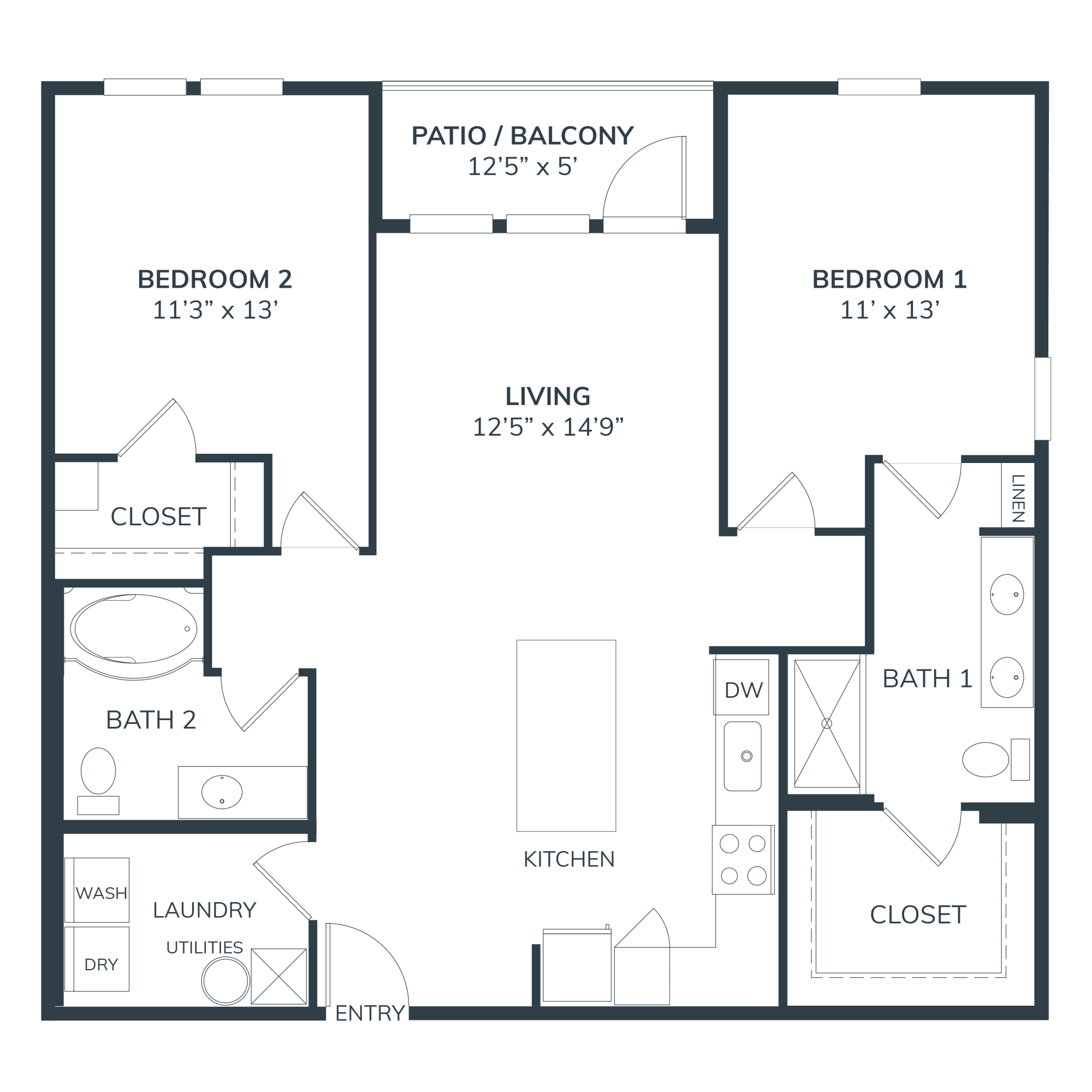 A 3D image of the B1C floorplan, a 1176 squarefoot, 2 bed / 2 bath unit