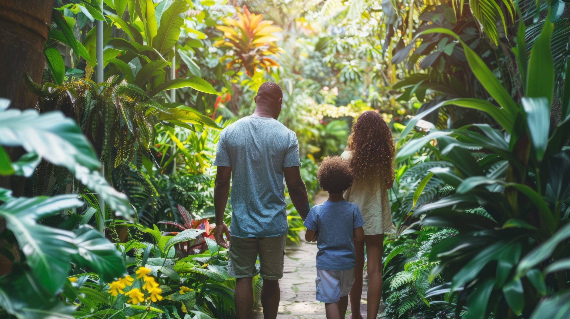 A dad, a woman with curly hair, and a young child walk hand-in-hand away from the camera down a stone path lined with lush, tropical green and red plants. Warm sunlight streams through the foliage, creating a vibrant glow.